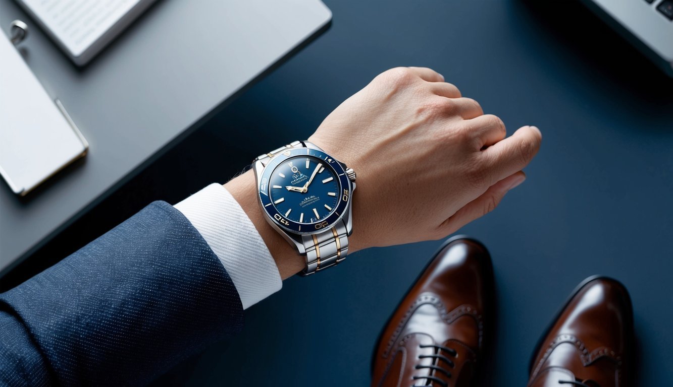 A well-dressed wrist adorned with an Omega Seamaster watch, complementing a tailored suit and polished shoes in a sleek, modern office setting