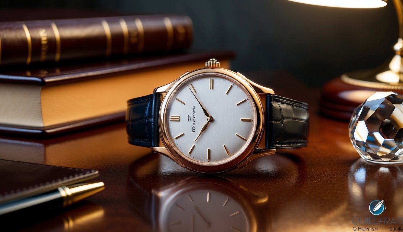 A Patek Philippe watch rests on a polished mahogany desk, surrounded by leather-bound books and a crystal paperweight.</p><p>The warm glow of a desk lamp highlights the intricate details of the timepiece