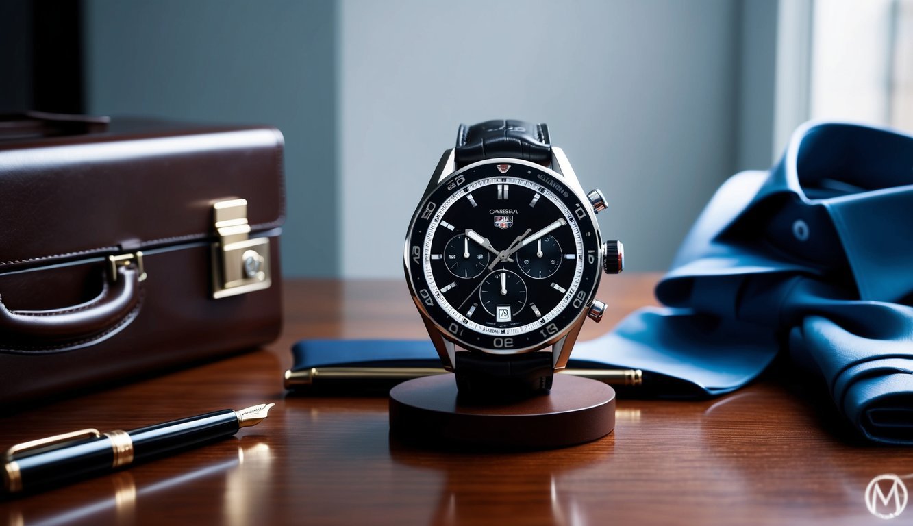 A Tag Heuer Carrera watch displayed on a polished wooden surface, surrounded by a leather briefcase, fountain pen, and a neatly folded dress shirt