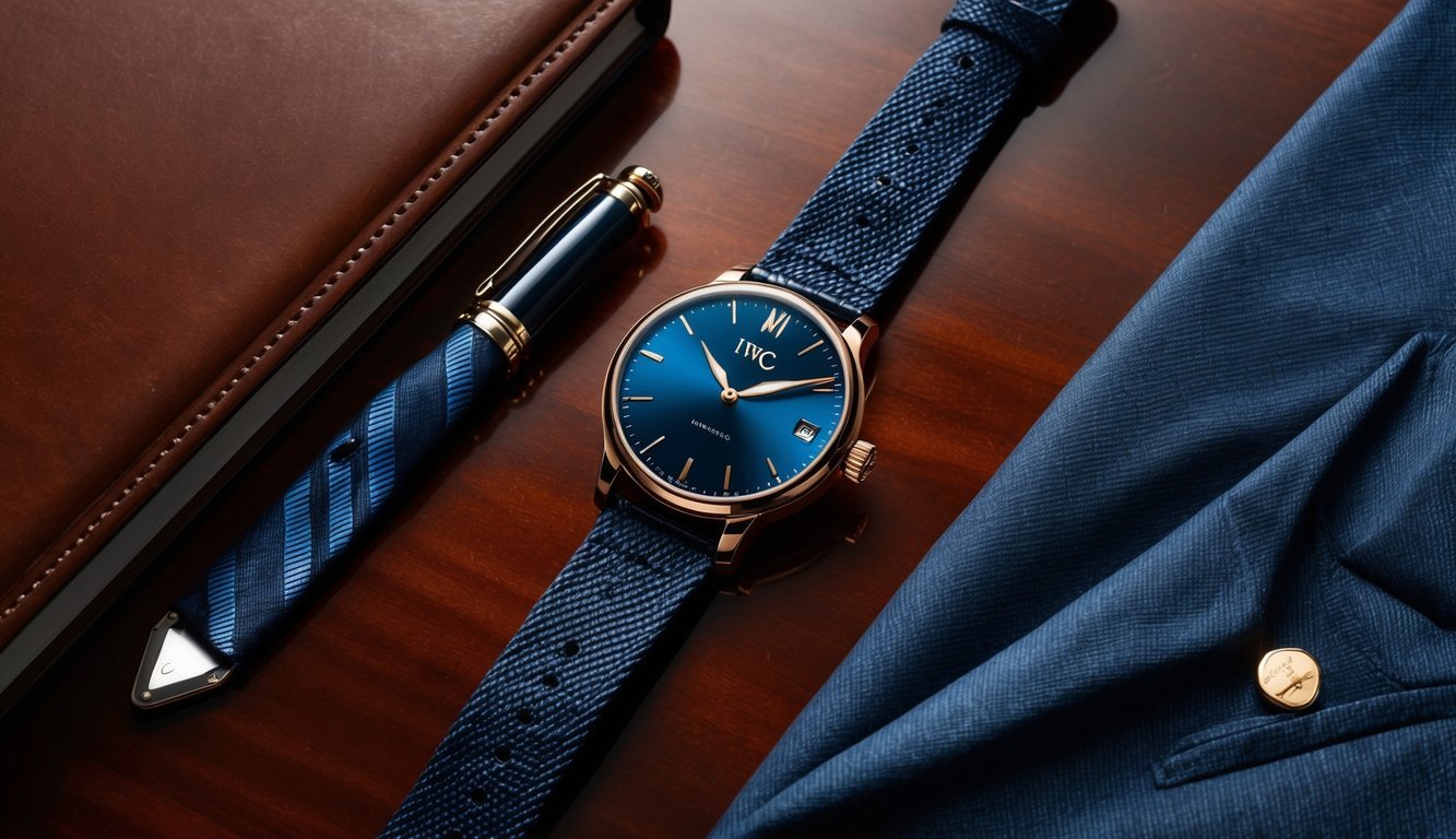 A sleek IWC Portofino watch placed next to a tailored suit and tie on a polished wooden desk