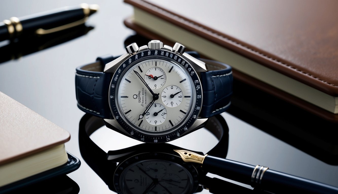 A close-up of a sleek Omega Speedmaster watch, positioned on a polished desk with a leather-bound notebook and a fountain pen, symbolizing executive presence