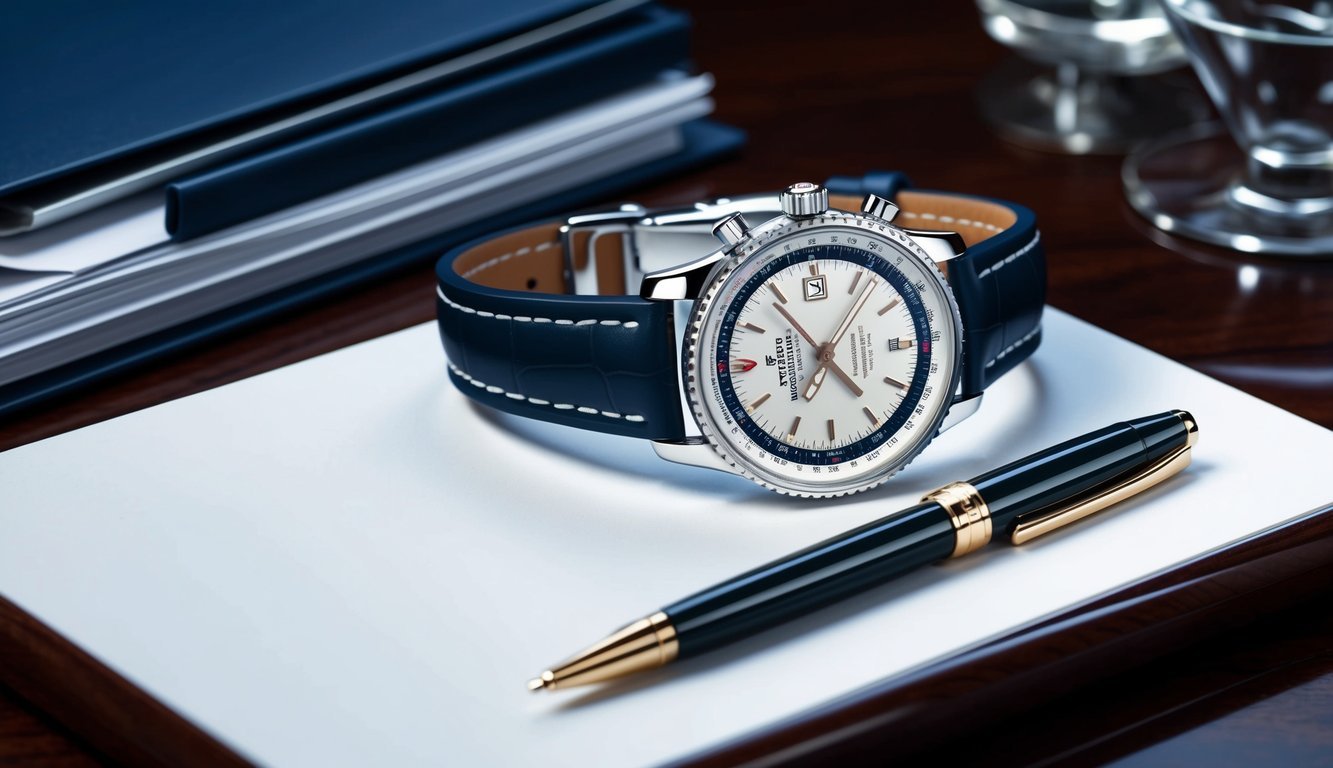 A sleek Breitling Navitimer watch resting on a polished wooden desk next to a stack of business documents and a high-end pen
