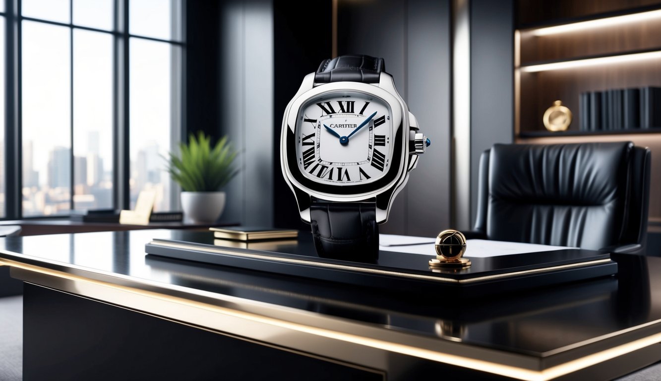 A Cartier Santos watch displayed on a sleek, modern desk in a luxurious executive office setting