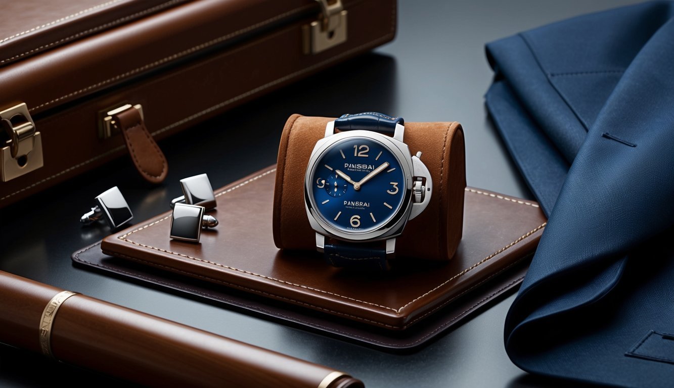 A sleek Panerai Luminor watch resting on a luxurious leather desk pad, surrounded by polished cufflinks, a leather briefcase, and a tailored suit jacket