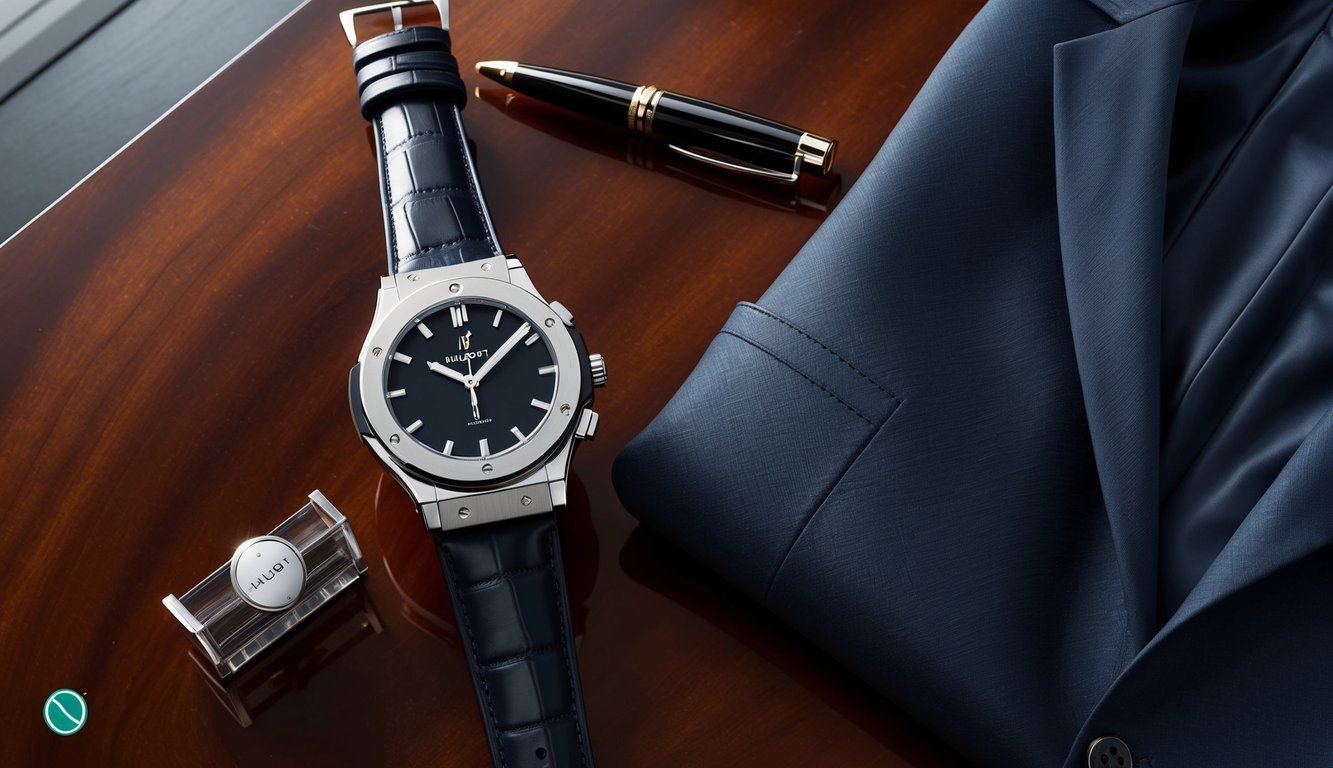 A sleek Hublot Big Bang watch resting on a polished wooden desk next to a tailored suit jacket and a pair of leather dress shoes