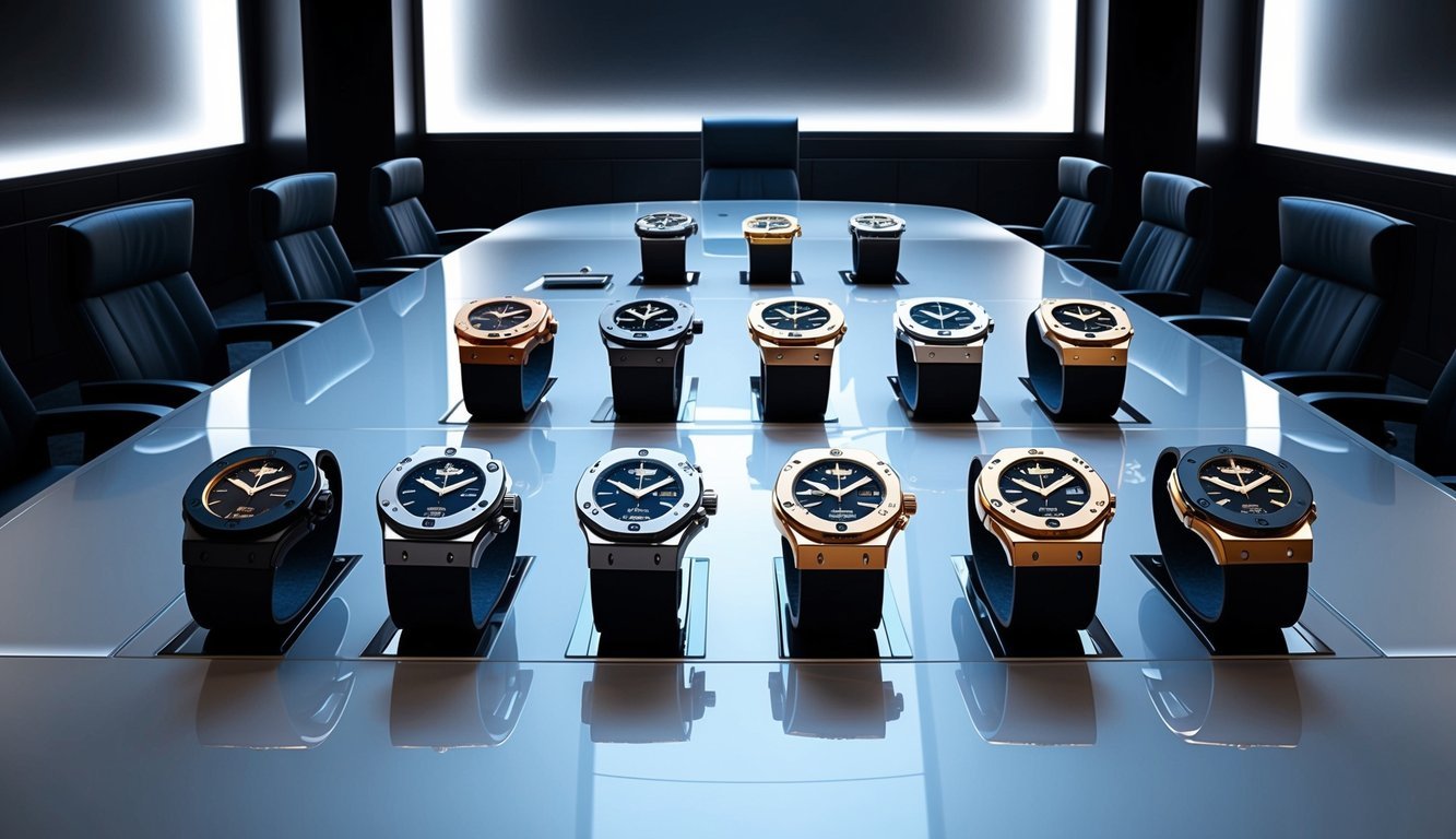 A sleek, modern boardroom table showcases 10 luxurious Hublot Big Bang watches, each exuding power and sophistication