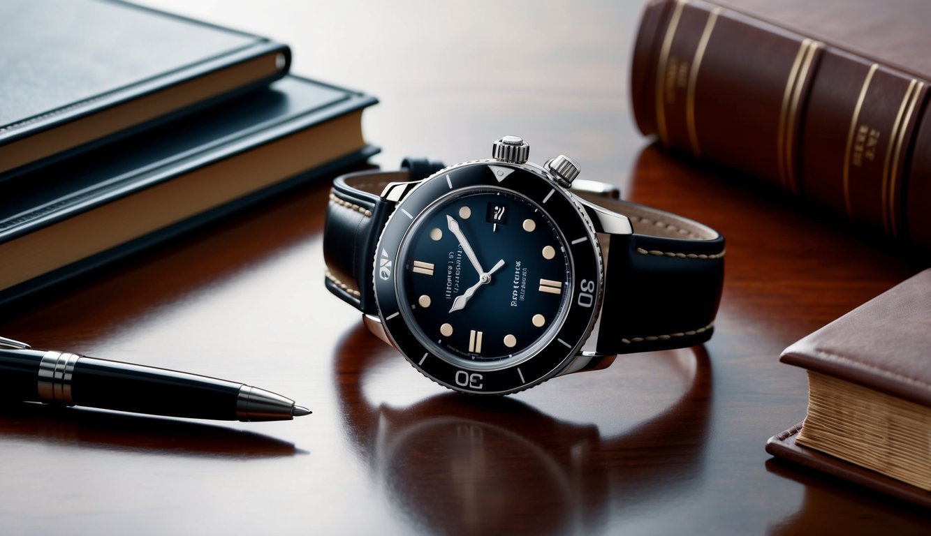 A luxurious Blancpain Fifty Fathoms watch placed on a polished wooden desk, surrounded by leather-bound books and a sleek pen