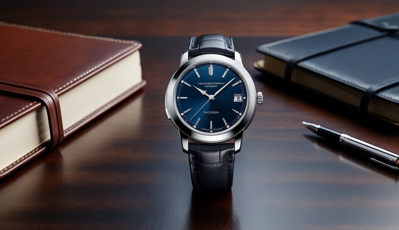 A Vacheron Constantin Overseas watch displayed on a luxurious mahogany desk, surrounded by a leather-bound notebook and a sleek pen.</p><p>The watch exudes sophistication and power, symbolizing executive presence
