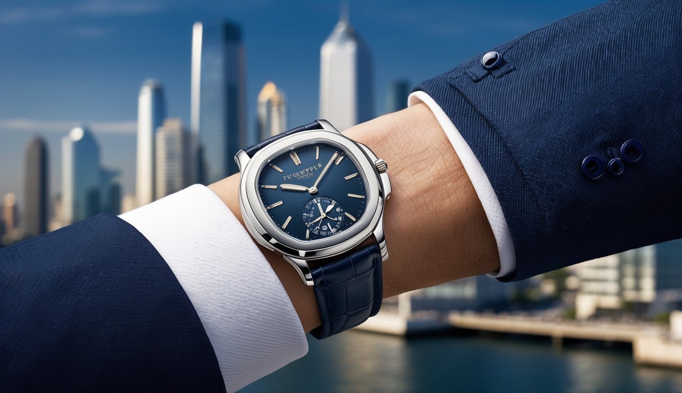 A sleek Patek Philippe Nautilus watch adorning a tailored business suit sleeve, set against a modern city skyline