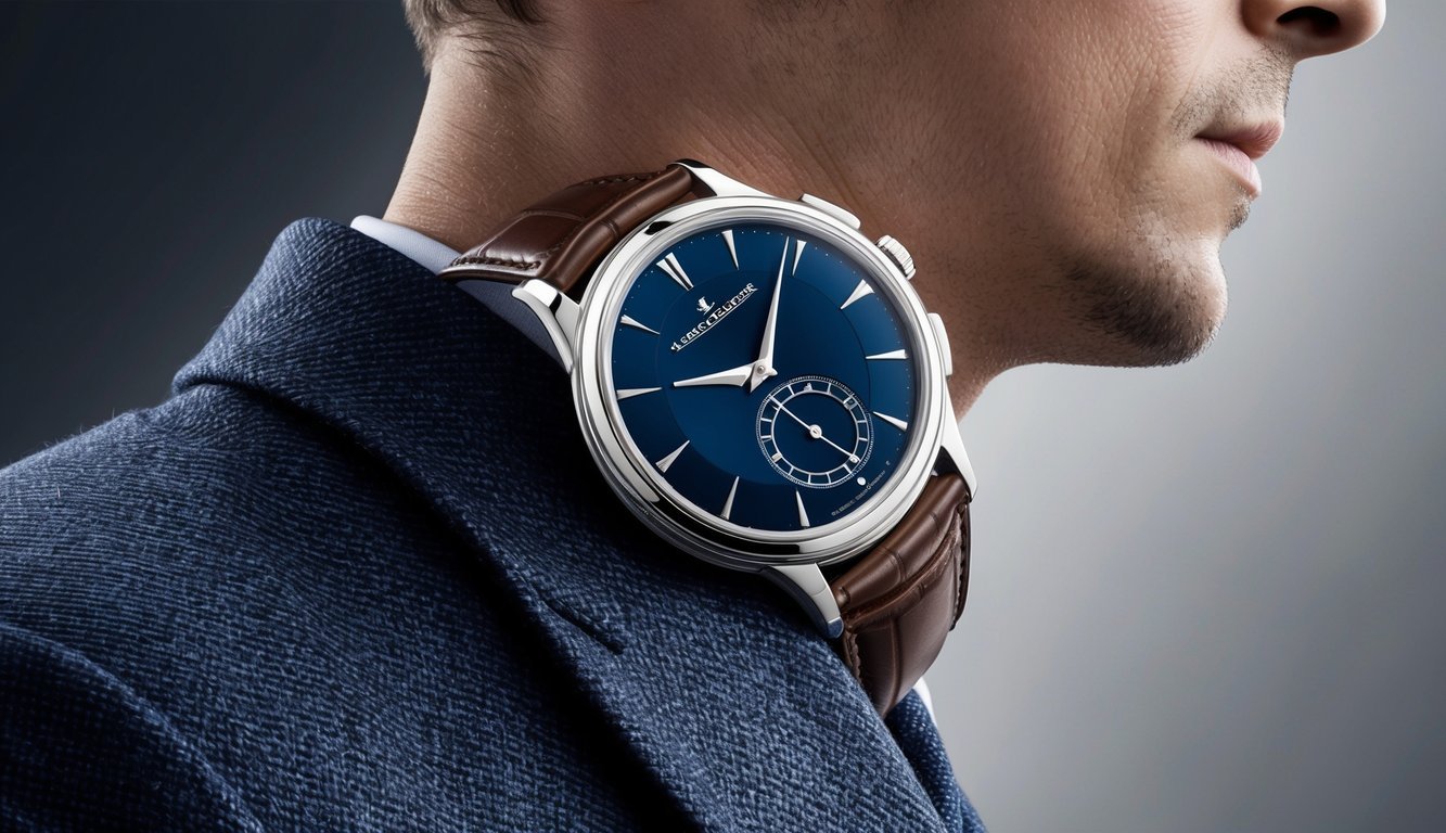 A close-up of a Jaeger-LeCoultre Reverso watch being worn by a well-dressed executive, with attention to the intricate details of the timepiece