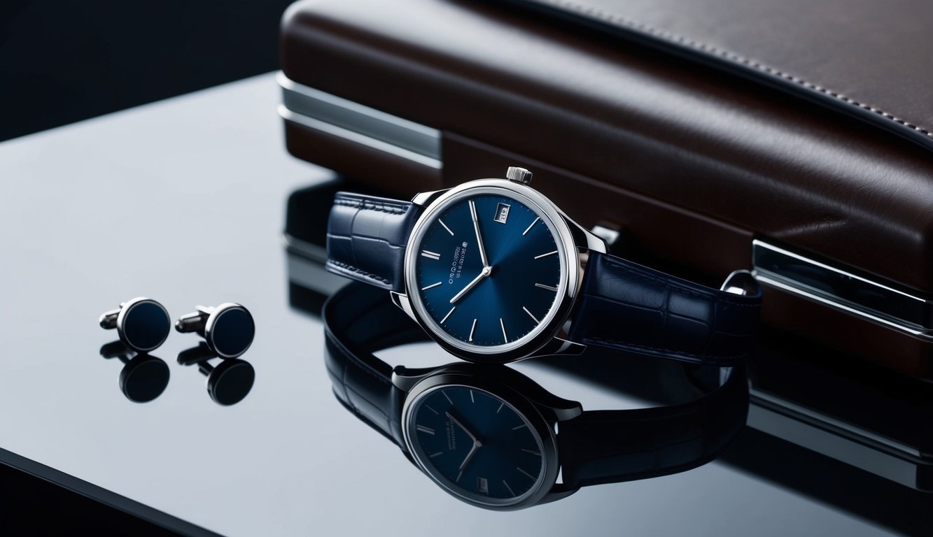 A sleek, modern watch resting on a polished desk next to a pair of cufflinks and a leather briefcase.</p><p>The watch reflects the light, exuding sophistication and professionalism