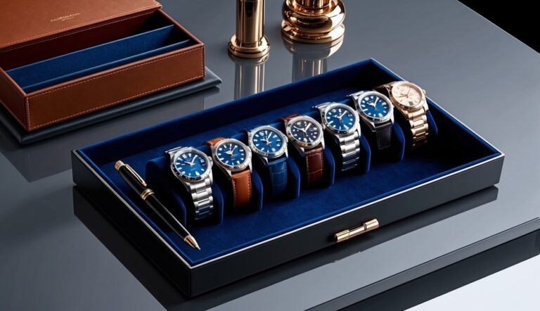 Collection of luxury watches with blue faces in a display tray