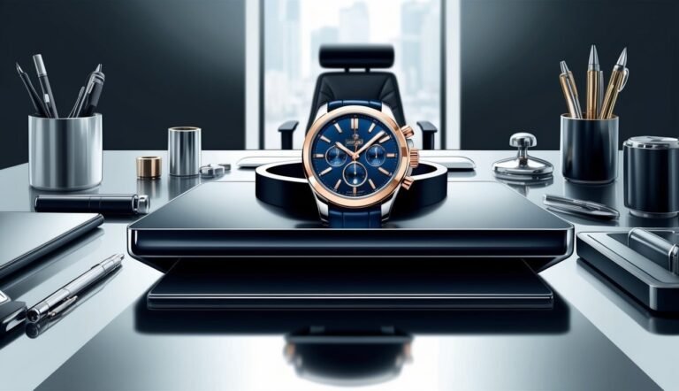 Luxury watch on a desk with pens and office supplies