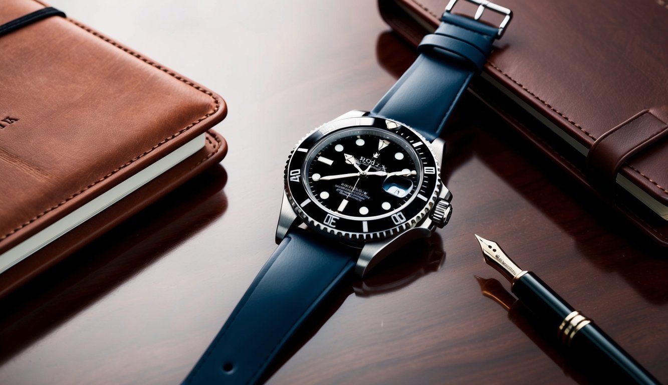 A sleek Rolex Submariner watch placed on a polished wooden desk next to a leather-bound planner and a fountain pen