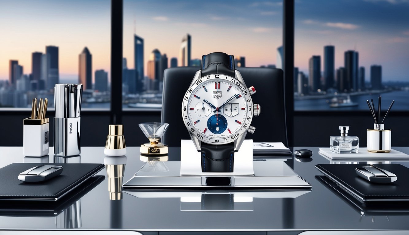 A sleek, modern office desk with a Tag Heuer Carrera watch displayed prominently, surrounded by luxurious office accessories and a city skyline in the background