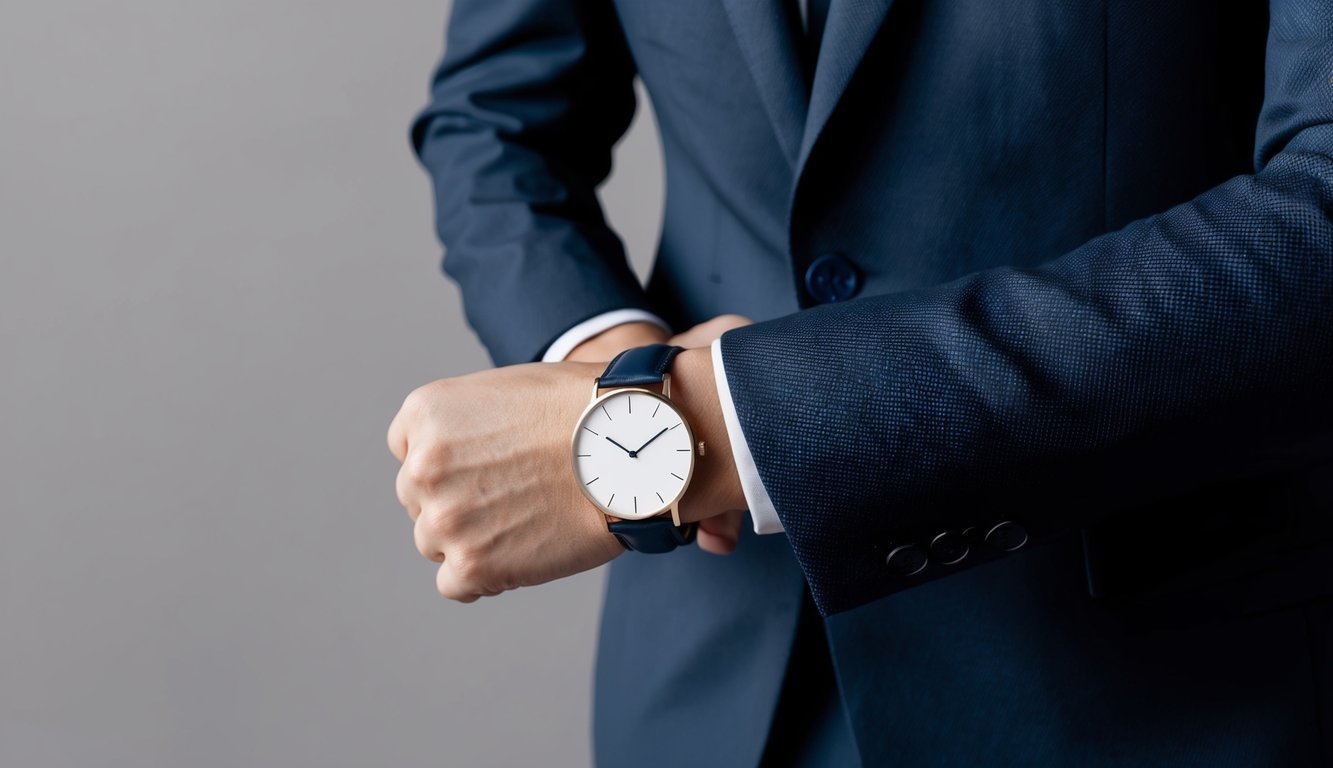 Man in blue suit checking the time on a gold wristwatch