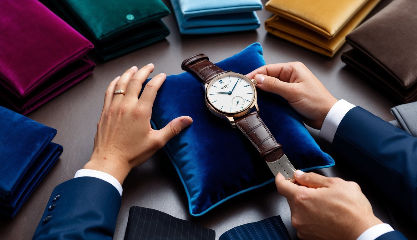 A businessman's hand reaching for an IWC Portofino watch, laid out on a luxurious velvet cushion, surrounded by various business suits in different colors and styles