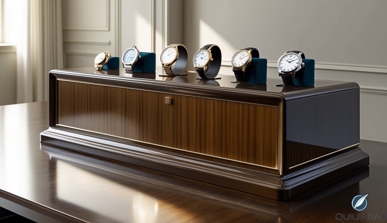 Six luxury watches displayed on a wooden cabinet in a well-lit room