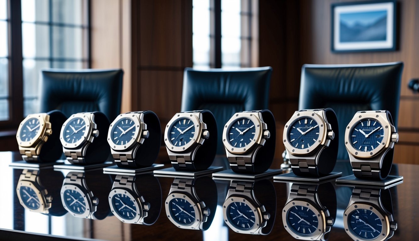 A sleek boardroom table with a row of Audemars Piguet Royal Oak timepieces lined up, reflecting the success and sophistication of the business world