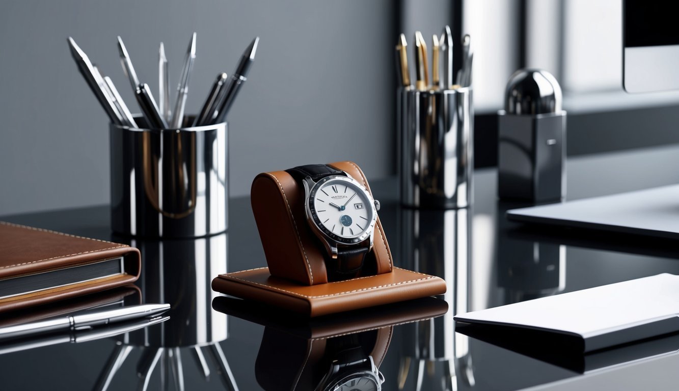 A sleek, modern office desk with a luxurious watch displayed on a leather watch stand, surrounded by polished office supplies and a leather-bound notebook