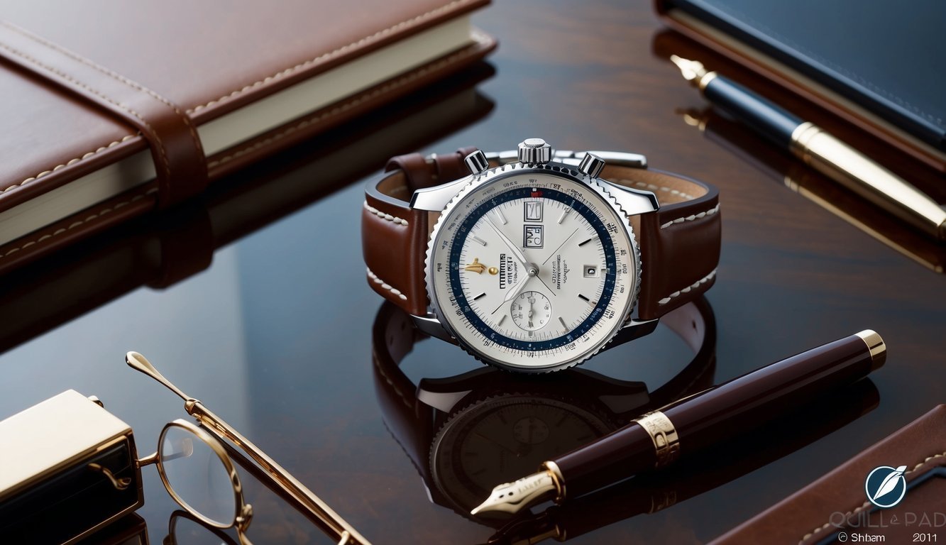 A sleek Breitling Navitimer timepiece resting on a polished mahogany desk, surrounded by a leather-bound planner, a fountain pen, and a pair of designer glasses