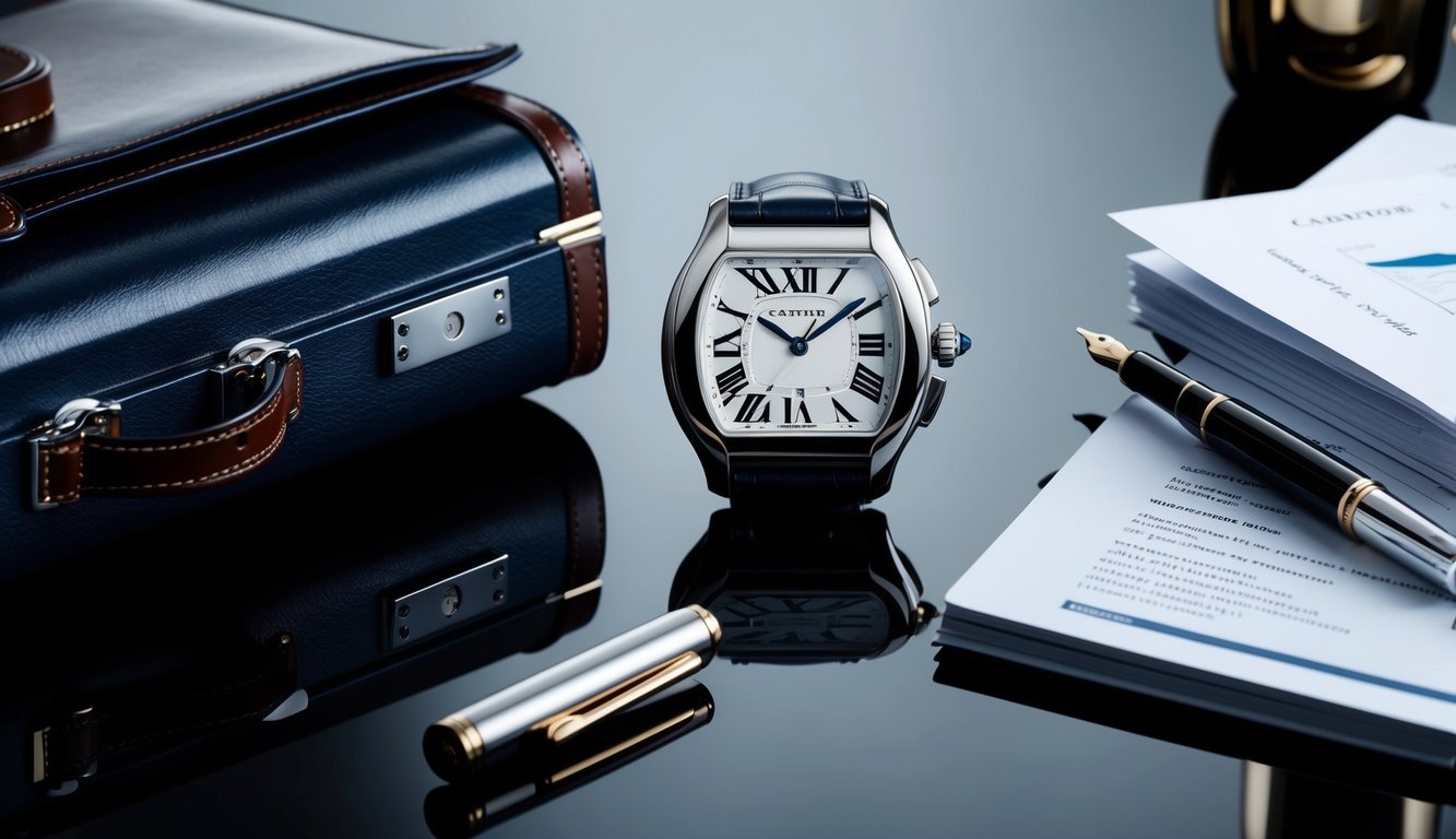 A sleek Cartier Santos timepiece on a polished desk, surrounded by a leather briefcase, fountain pen, and a stack of business documents