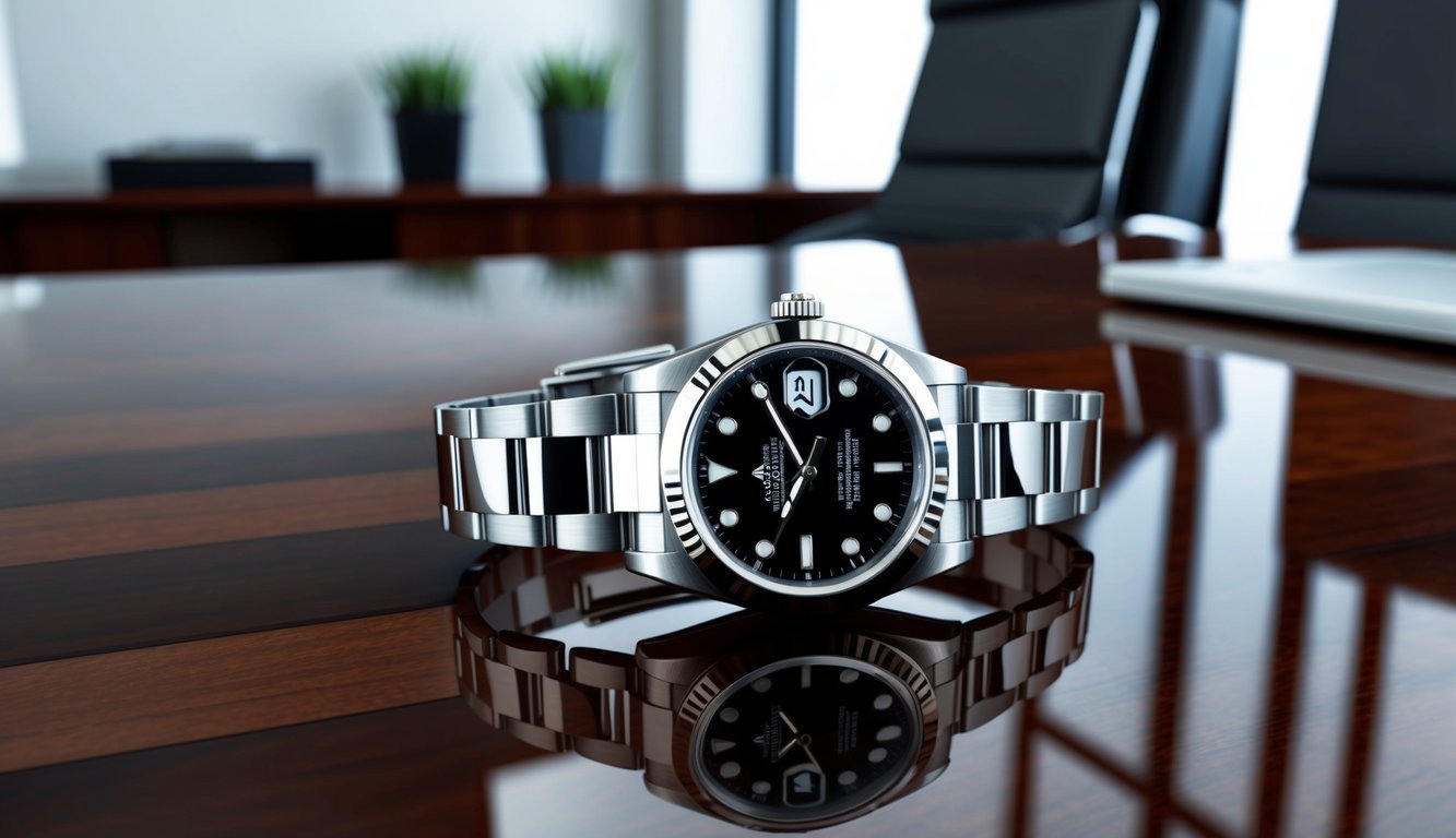A sleek Rolex Submariner watch resting on a polished mahogany desk in a modern corporate office setting