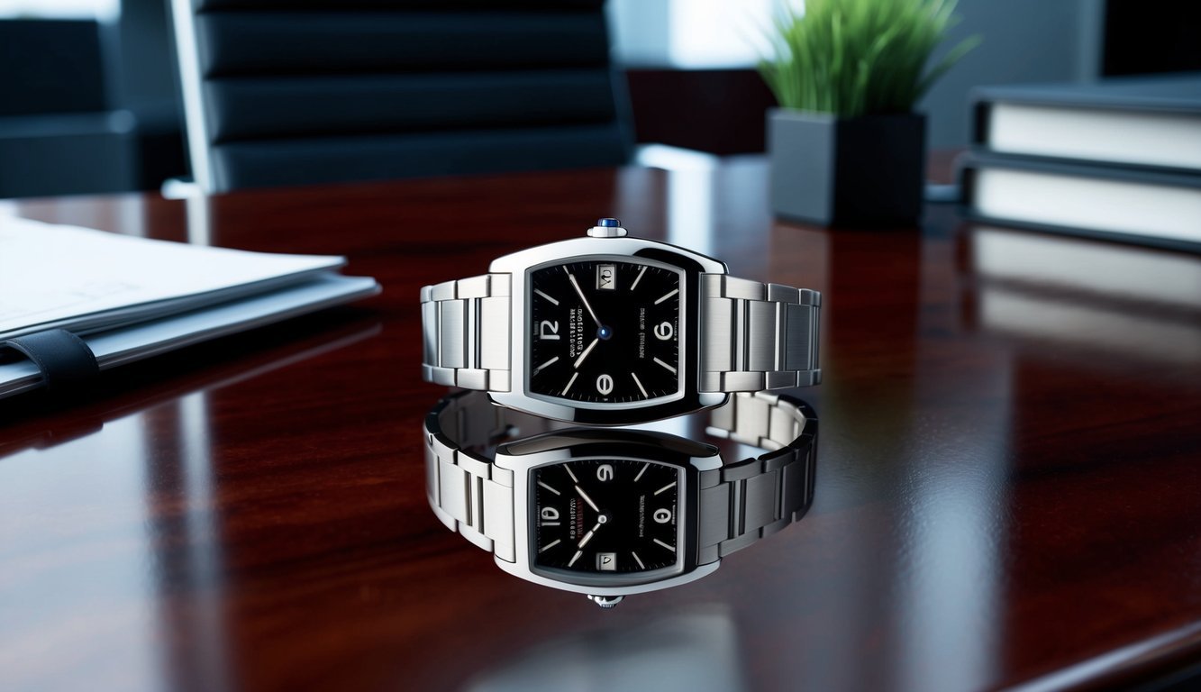 A sleek Cartier Tank watch resting on a polished mahogany desk in a modern corporate office setting