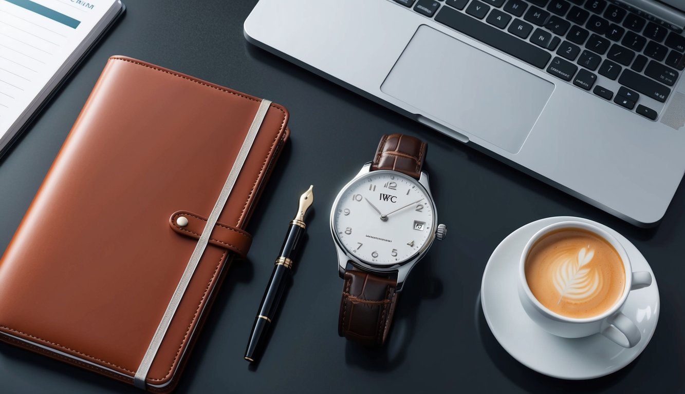 A sleek office desk with a leather-bound planner, a fountain pen, and a polished IWC Schaffhausen Portugieser timepiece.</p><p>A laptop and a cup of coffee complete the scene
