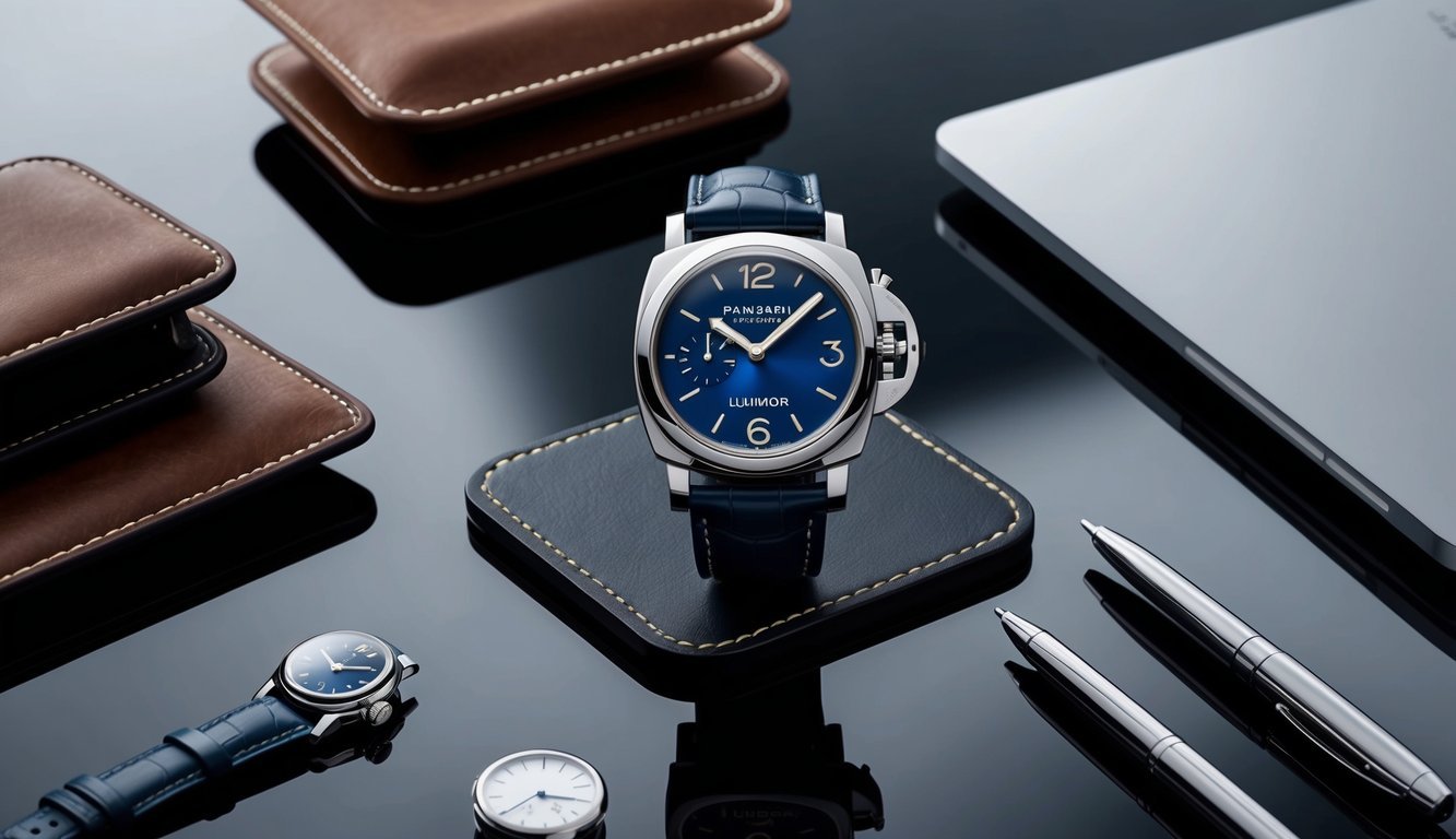 A sleek, modern office desk with a Panerai Luminor timepiece displayed prominently, surrounded by luxurious leather accessories and a polished laptop
