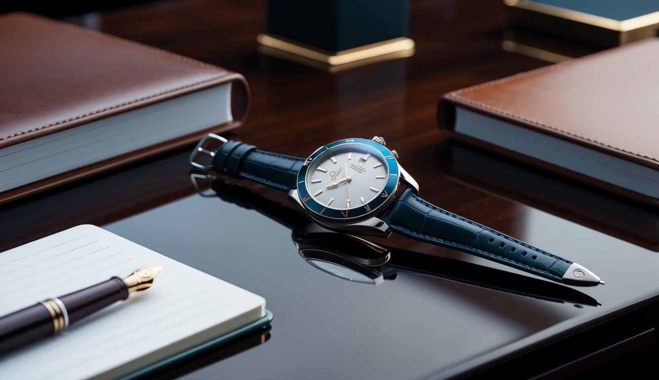 A sleek Omega Seamaster watch rests on a polished mahogany desk in a modern corporate office, surrounded by luxurious leather-bound notebooks and a sophisticated fountain pen