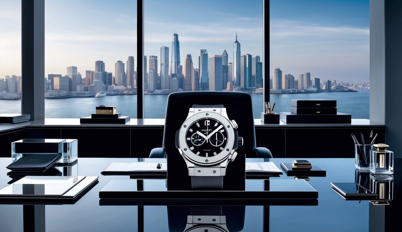 A sleek, modern office desk with a Hublot Big Bang timepiece as the focal point, surrounded by luxury business accessories and a city skyline in the background