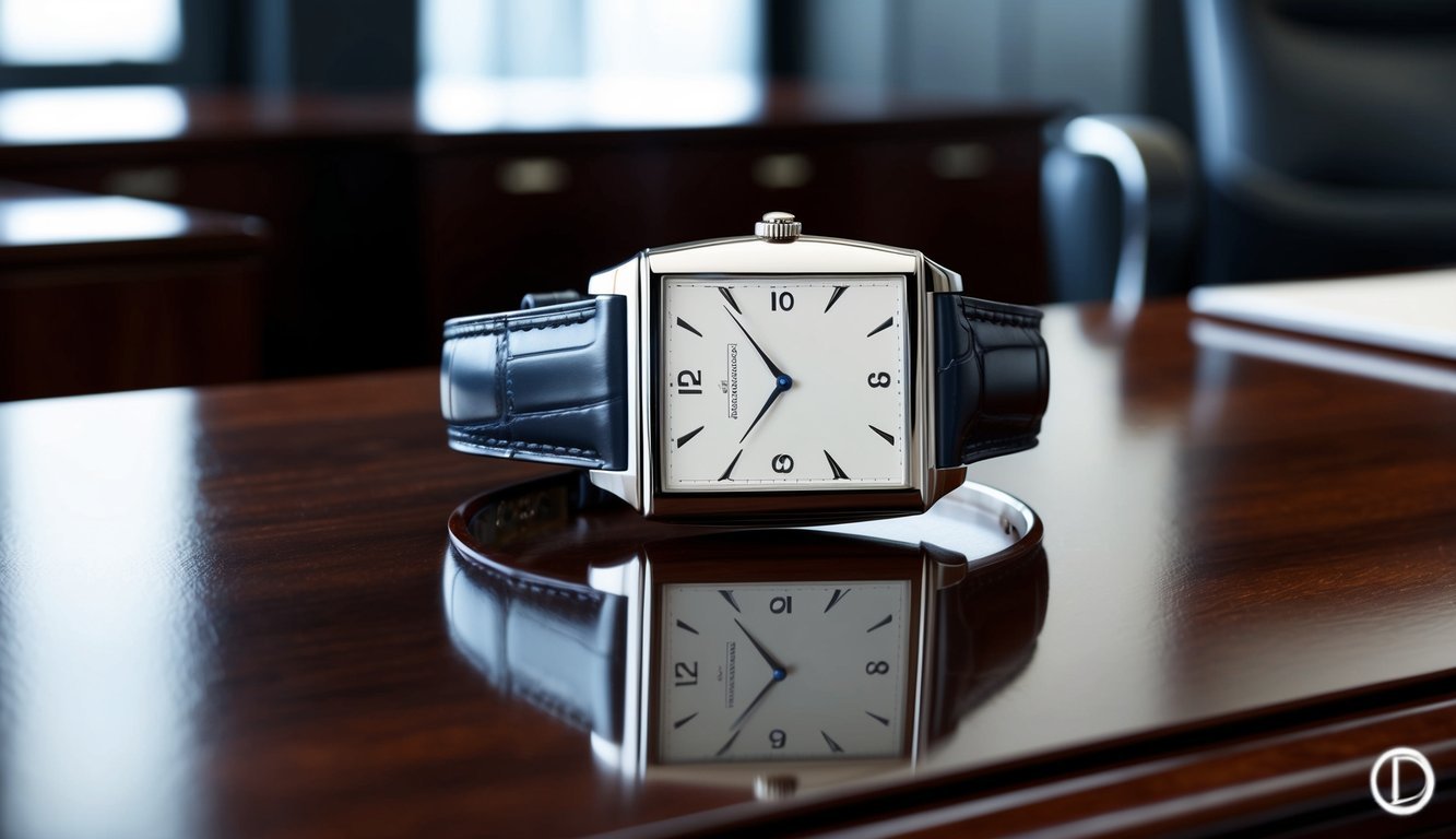 An elegant Jaeger-LeCoultre Reverso watch placed on a polished mahogany desk in a sophisticated corporate office setting