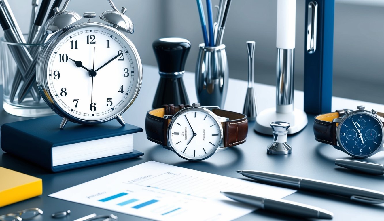 A sleek desk with a variety of timepieces, including a classic analog clock and a modern digital watch, surrounded by business tools and symbols of success