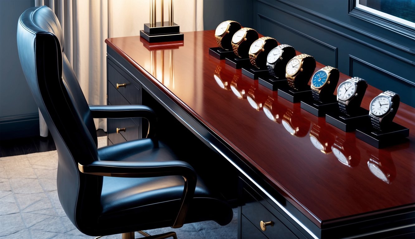 A sleek desk with a leather chair, a polished wooden surface, and a collection of elegant timepieces displayed in a row