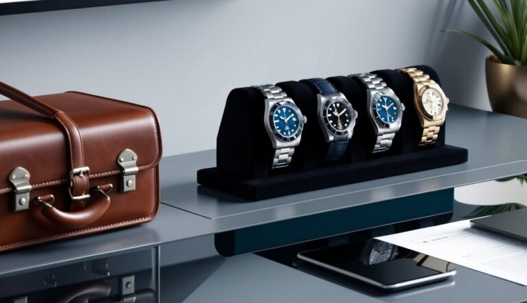 Four watches on a black display stand, brown briefcase, and desk items