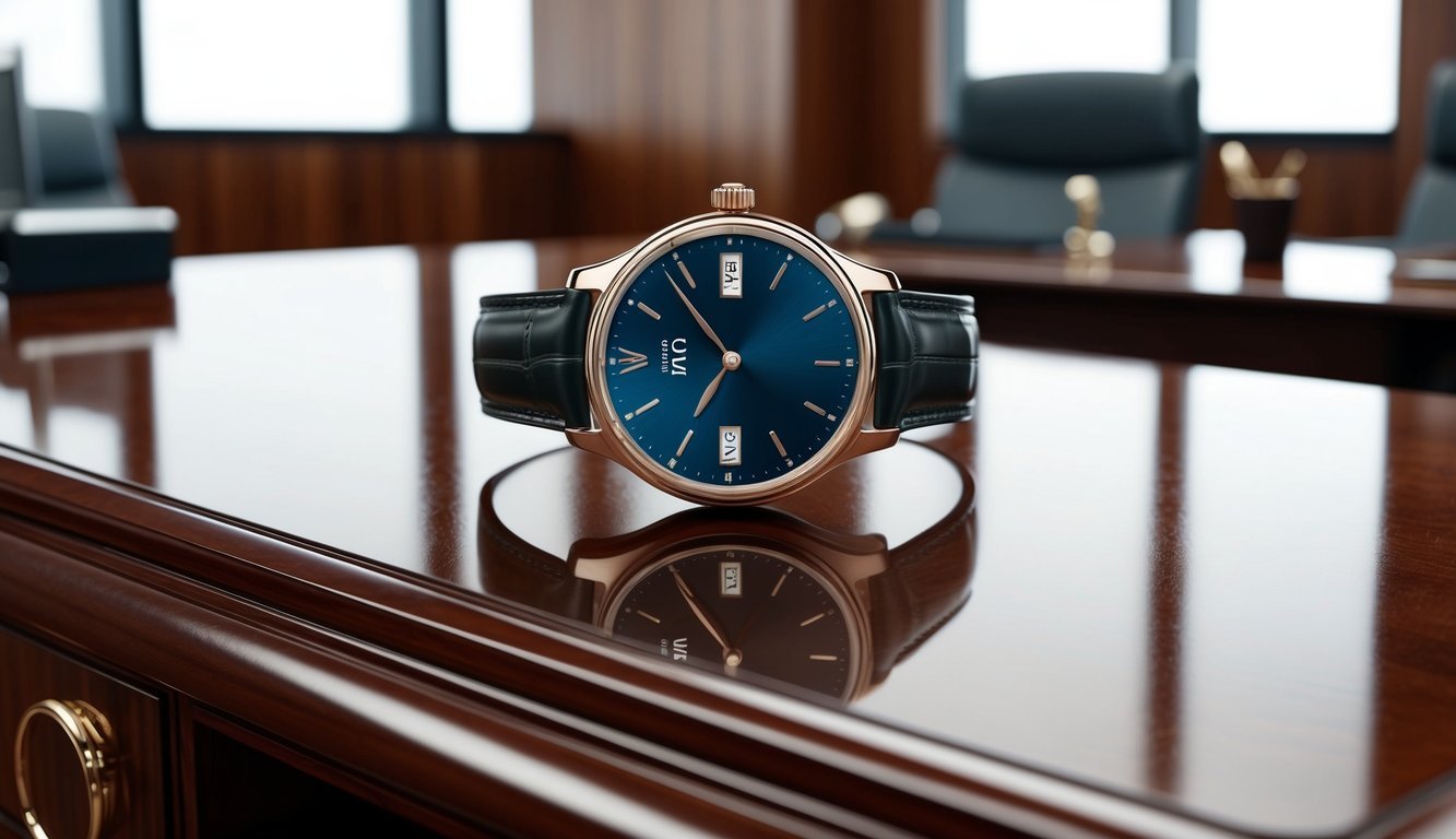 A sleek IWC Portofino watch resting on a polished mahogany desk in a modern corporate office setting