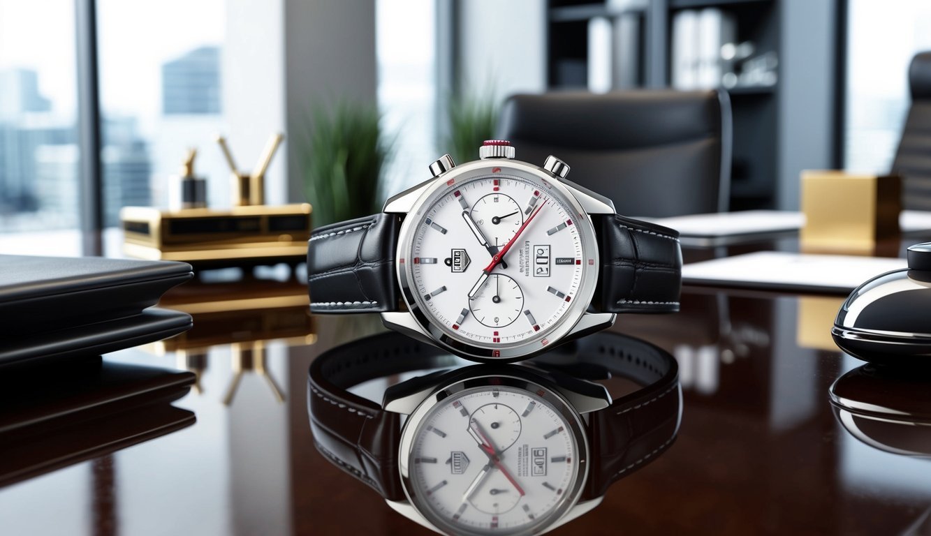 A sleek Tag Heuer Carrera watch resting on a polished desk in a modern corporate office setting, surrounded by luxurious office accessories