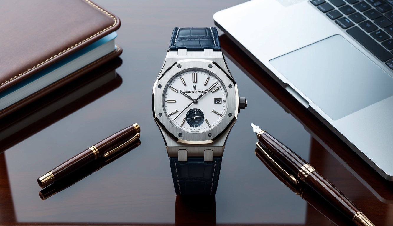 A sleek Audemars Piguet Royal Oak watch sits on a polished mahogany desk in a modern corporate office, surrounded by a leather-bound planner, a fountain pen, and a sleek laptop