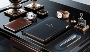 Luxury desk setup with watches, notebooks, pen, and decorative objects