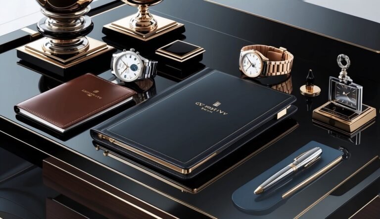 Luxury desk setup with watches, notebooks, pen, and decorative objects