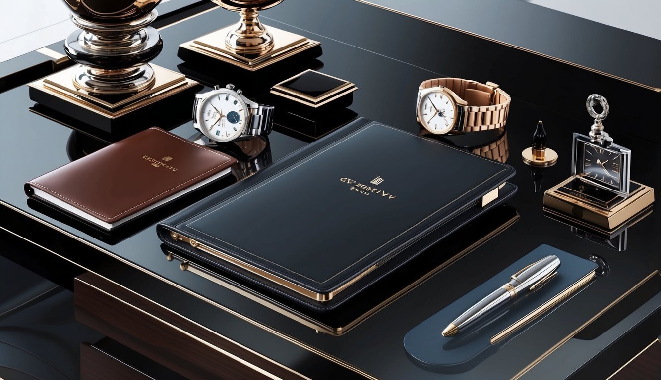 Luxury desk setup with watches, notebooks, pen, and decorative objects