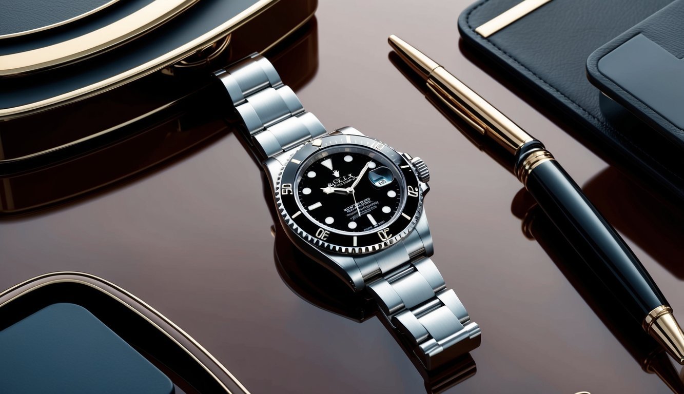 A sleek Rolex Submariner Date rests on a polished executive desk, surrounded by luxury accessories and a modern office setting