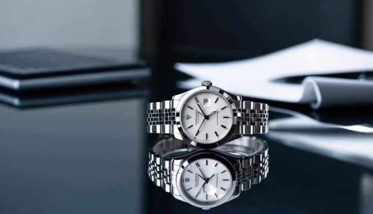 Silver wristwatch with white face and date display, reflected on a surface