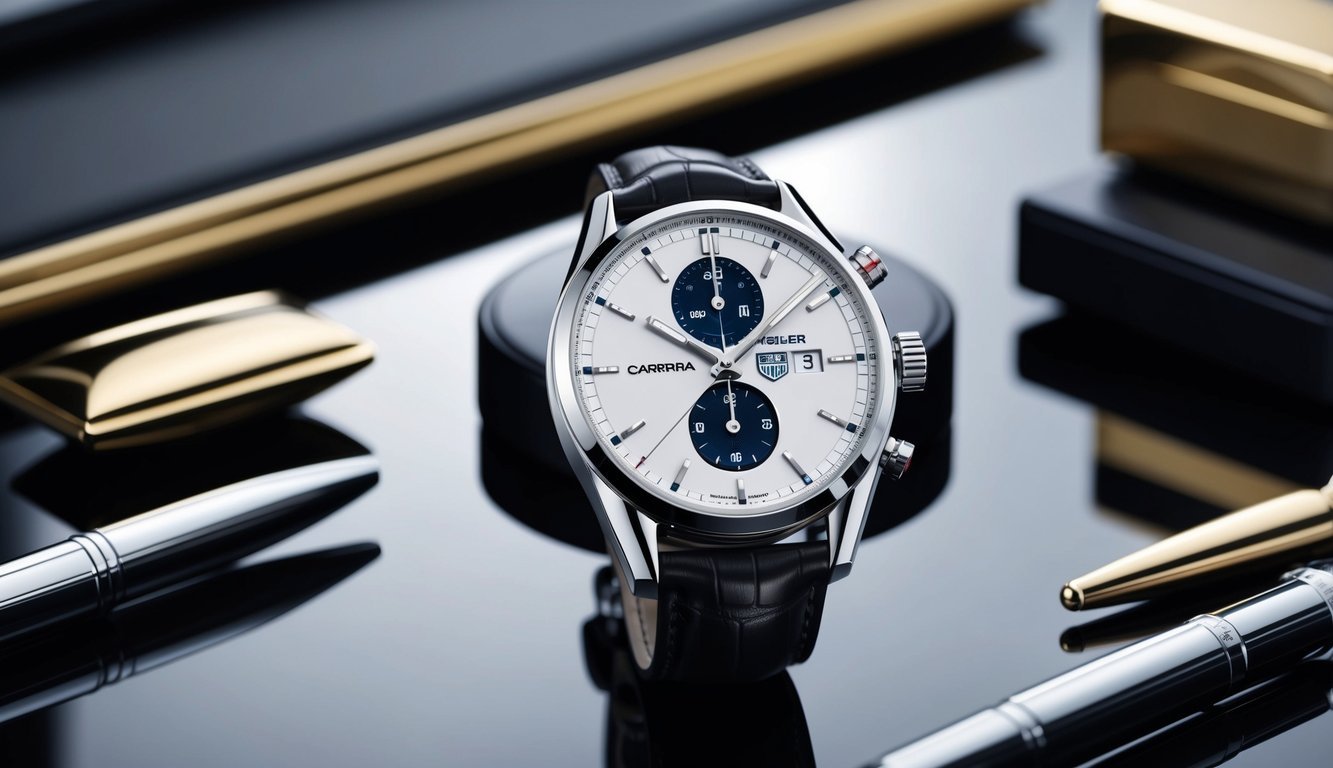 A sleek Tag Heuer Carrera timepiece sits on a polished executive desk, surrounded by luxurious office accessories.</p><p>The watch exudes sophistication and elegance, enhancing the overall executive style