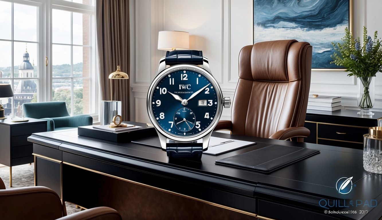 A sleek executive desk with a leather chair, adorned with the IWC Schaffhausen Portugieser timepiece, surrounded by luxurious office decor