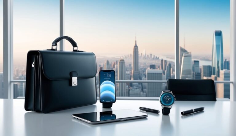 Briefcase, phone, tablet, watch, and pens on a desk with city view