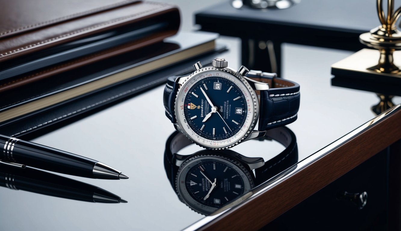 A sleek Breitling Navitimer watch resting on a polished executive desk, surrounded by luxury office accessories and a leather-bound planner