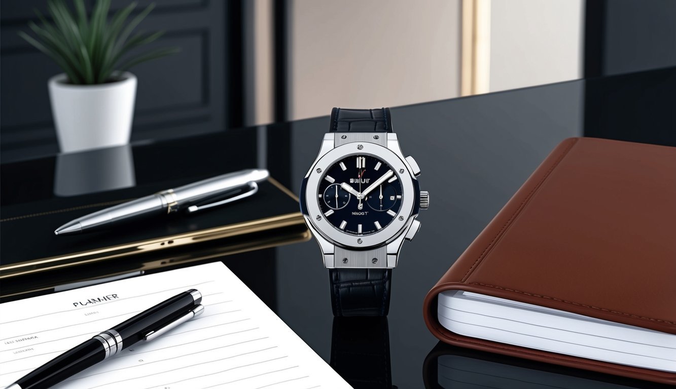 A sleek executive desk with a Hublot Big Bang timepiece, luxury pen, and leather-bound planner