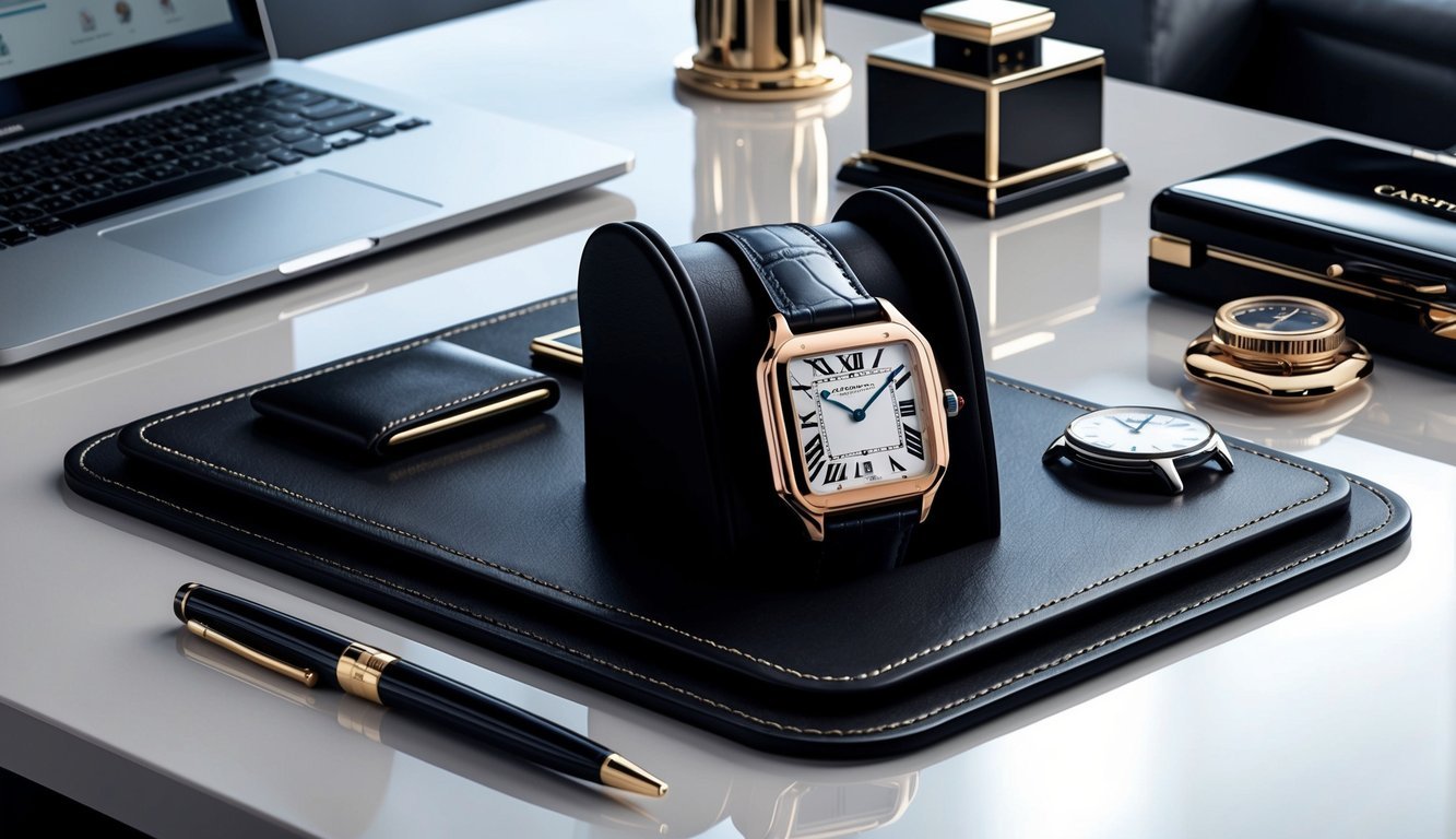 A sleek executive desk with a Cartier Santos de Cartier timepiece displayed on a luxurious leather pad, surrounded by other high-end accessories and a polished laptop